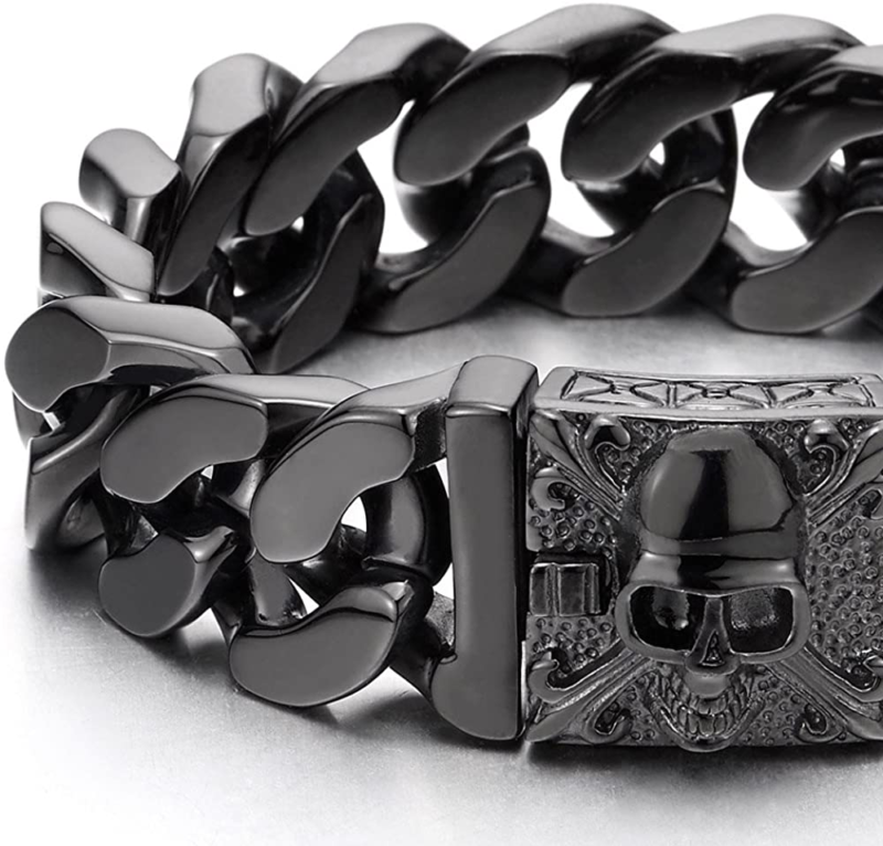 Mens Large Stainless Steel Curb Chain Bracelet with Fleur De Lis and Skull, Poli