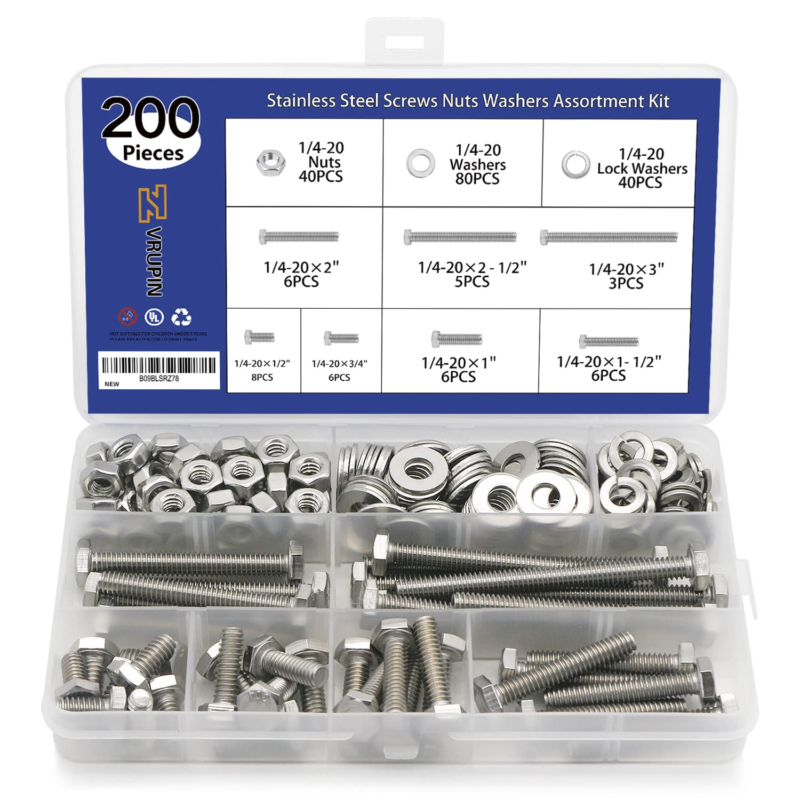 200PCS Nuts and Bolts 1/4-20 X 1/2”, 3/4”, 1”, 1-1/2”, 2”, 2-1/2”, 3” Carbon Ste