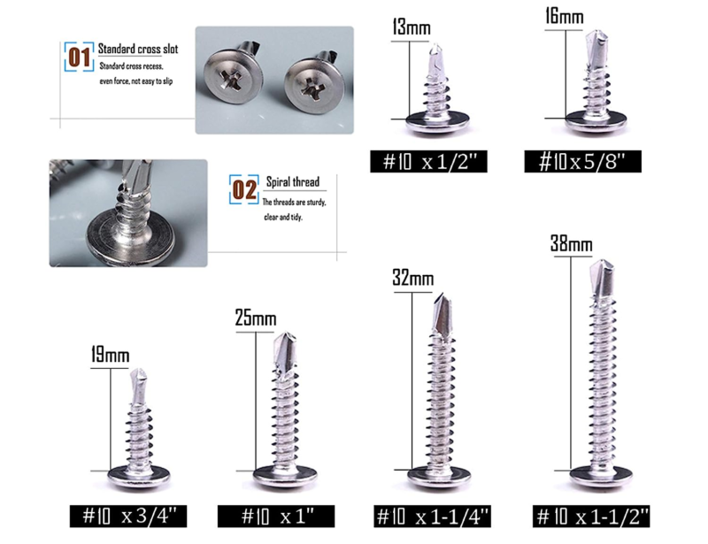 200Pcs #10 X 1/2" ~ #10 X 1-1/2" Wafer Head Self Drilling Screws Sheet Metal Tek