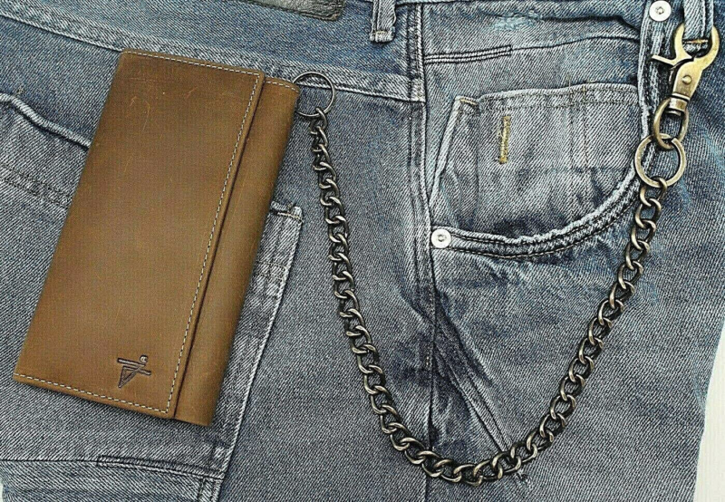 Men's Biker's Trucker RFID, Long Checkbook Leather Trifold Chain Wallet  