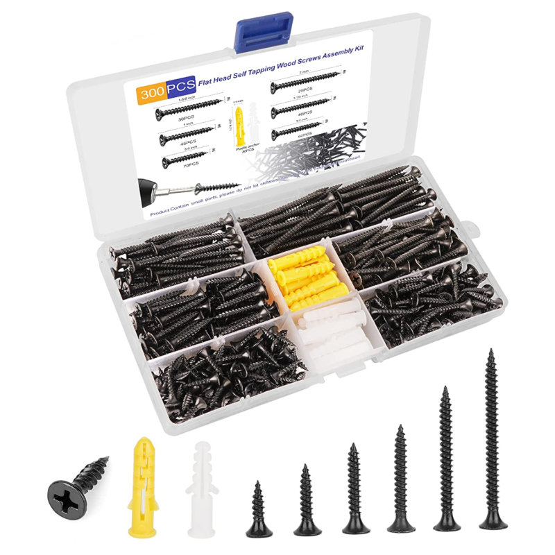 #6 Black Wood Screws Assortment Fasteners Kit 300Pcs,Phillips Head Fast Flat Sel