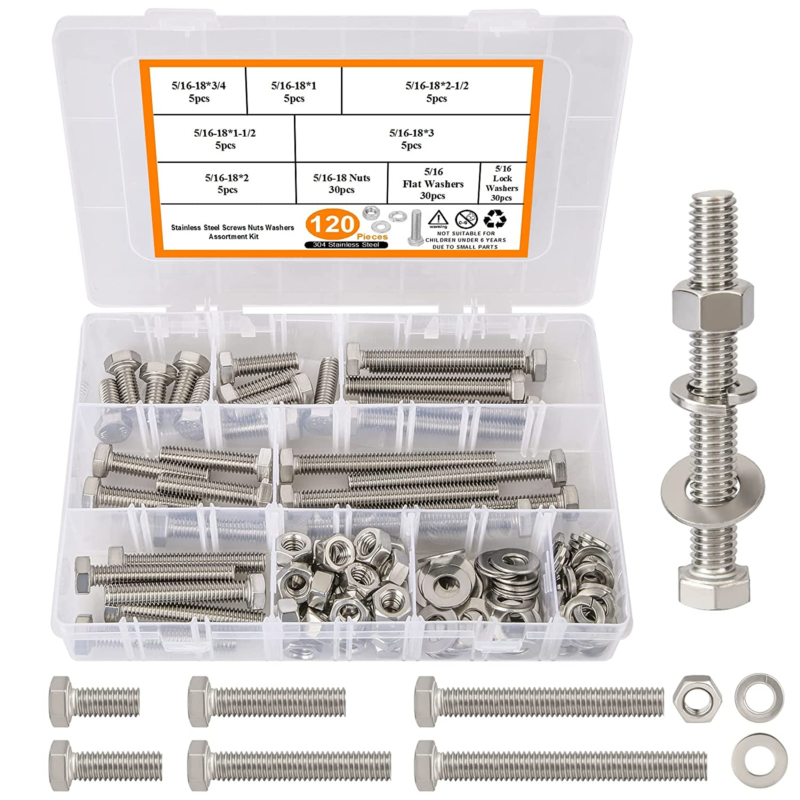 120PCS 5/16-18 Hex Bolts and Nuts Kit, Stainless Steel 5/16" Nuts and Bolts Asso