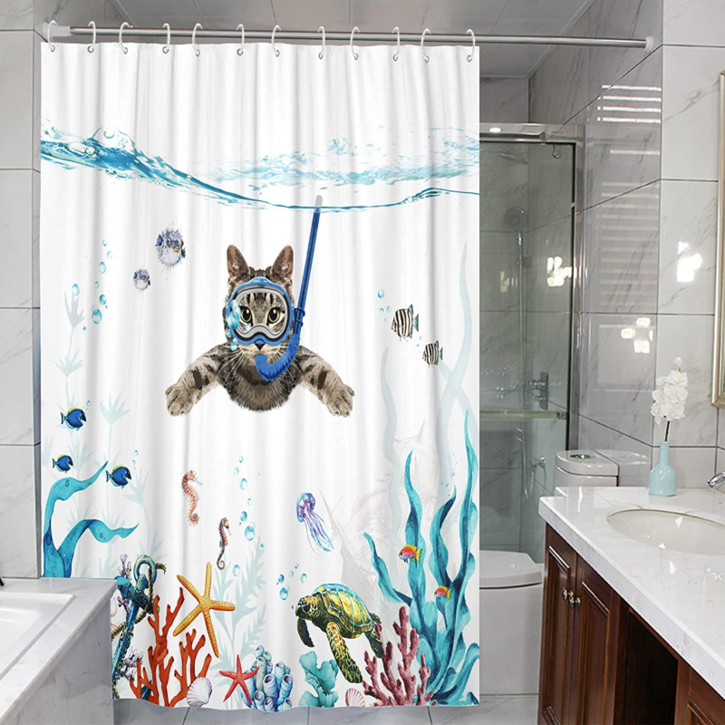 Funny Cat Shower Curtain Teal Blue Sea Ocean  