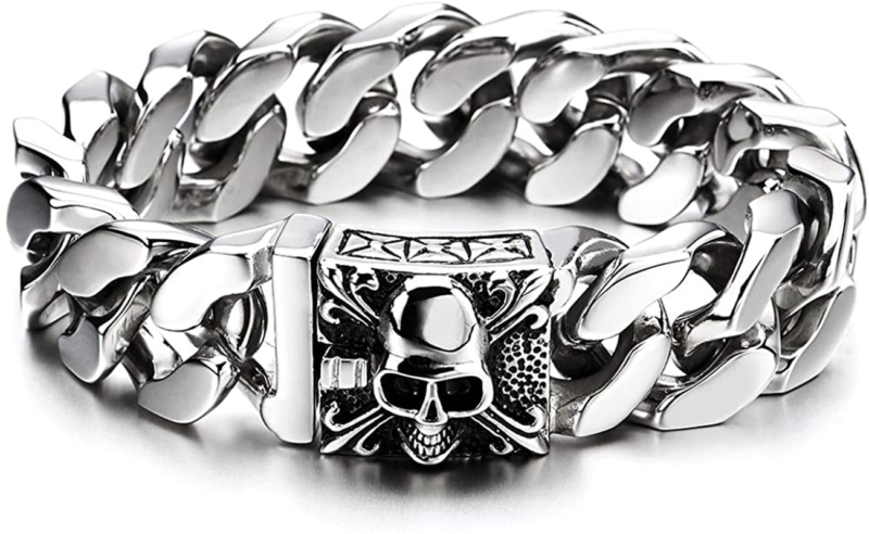 Mens Large Stainless Steel Curb Chain Bracelet with Fleur De Lis and Skull, Poli