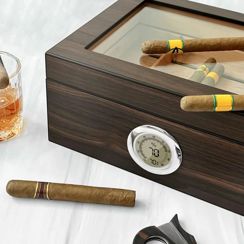 Glass Top Desktop Humidor Cigar Box with Digital Hygrometer, Humidifier holds 25