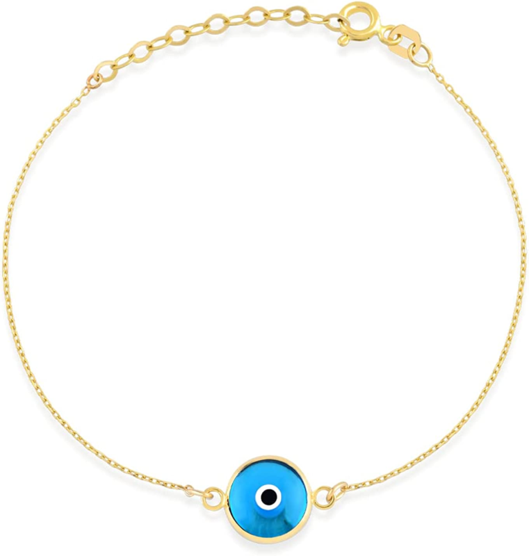 14K Solid Gold Evil Eye Bracelet for Women, Evil Eye Adjustable 6" to 7"