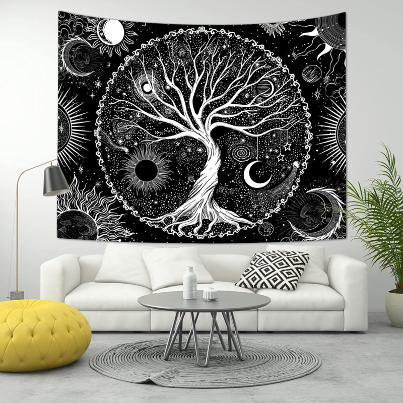Tree of Life Tapestry Black and White Wall Tapestry for Bedroom Sun and Moon 