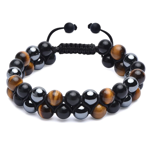 Triple Protection Bracelet, Genuine Tigers Eye Black Obsidian and Hematite 8Mm B