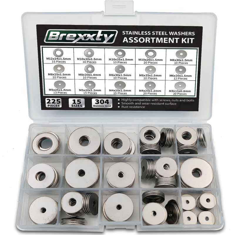 Flat Washers for Screws & Bolts — 225 Pcs Fender Washer Assortment in 15 Differe